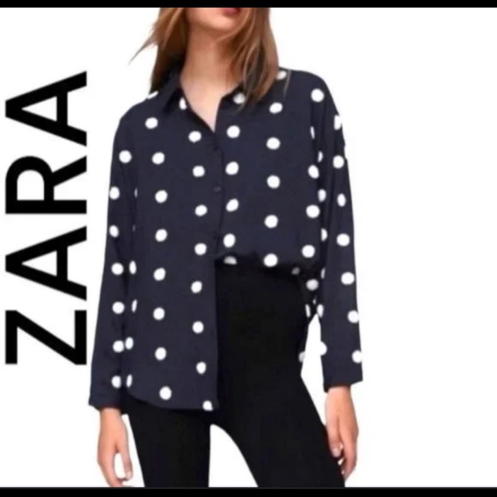Zara Women's Navy Polka Dot Button Down Shirt